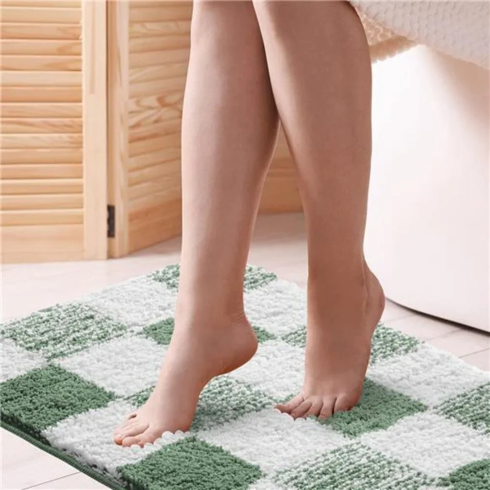 Non Slip Bath Mat Microfiber Absorbent Checkered Bathroom Rug Sage Green